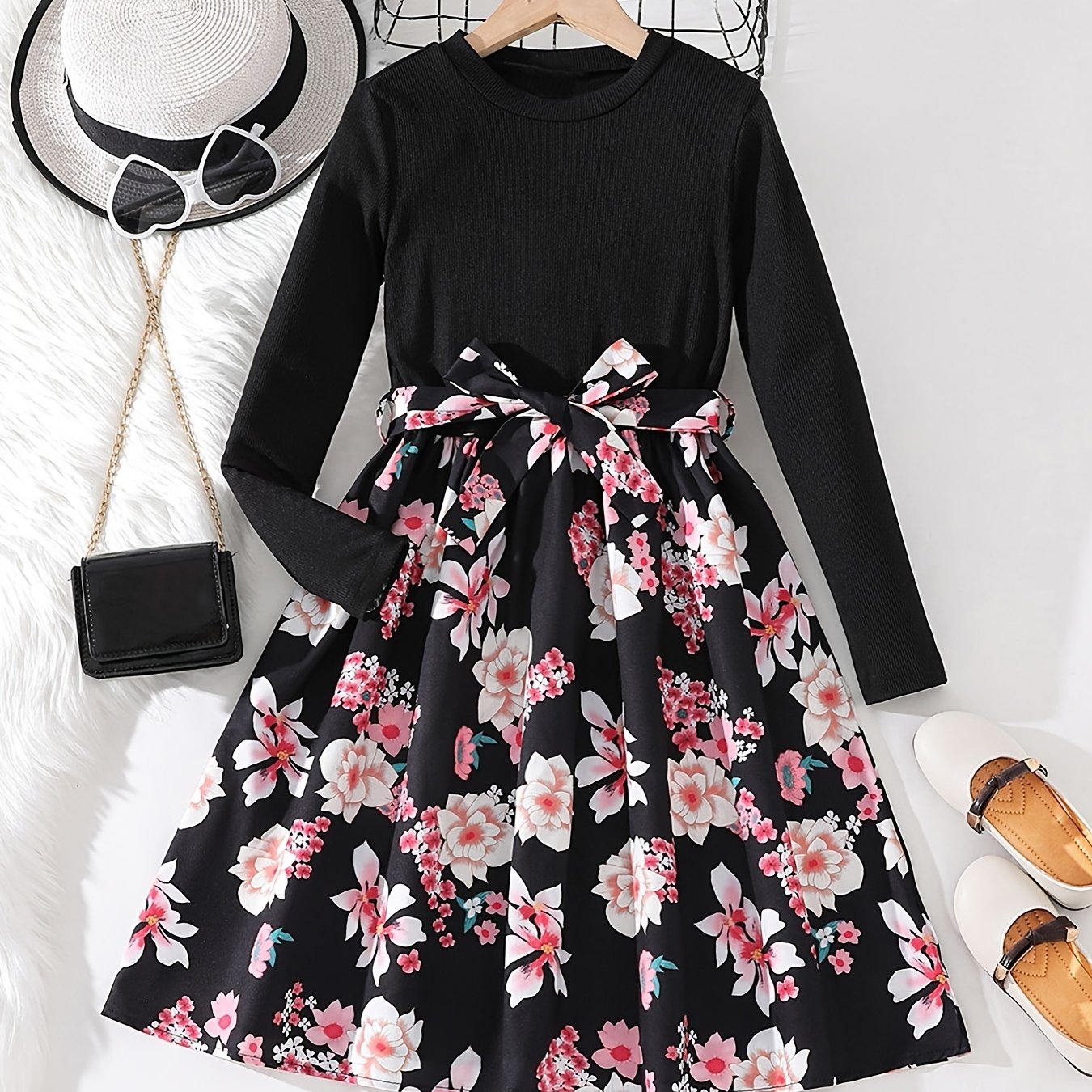 Adorable Floral Belted Dress for Girls - Long Sleeves, Round Neck, Splicing Design, Party-Perfect, Spring Collection, Kids' Clothing