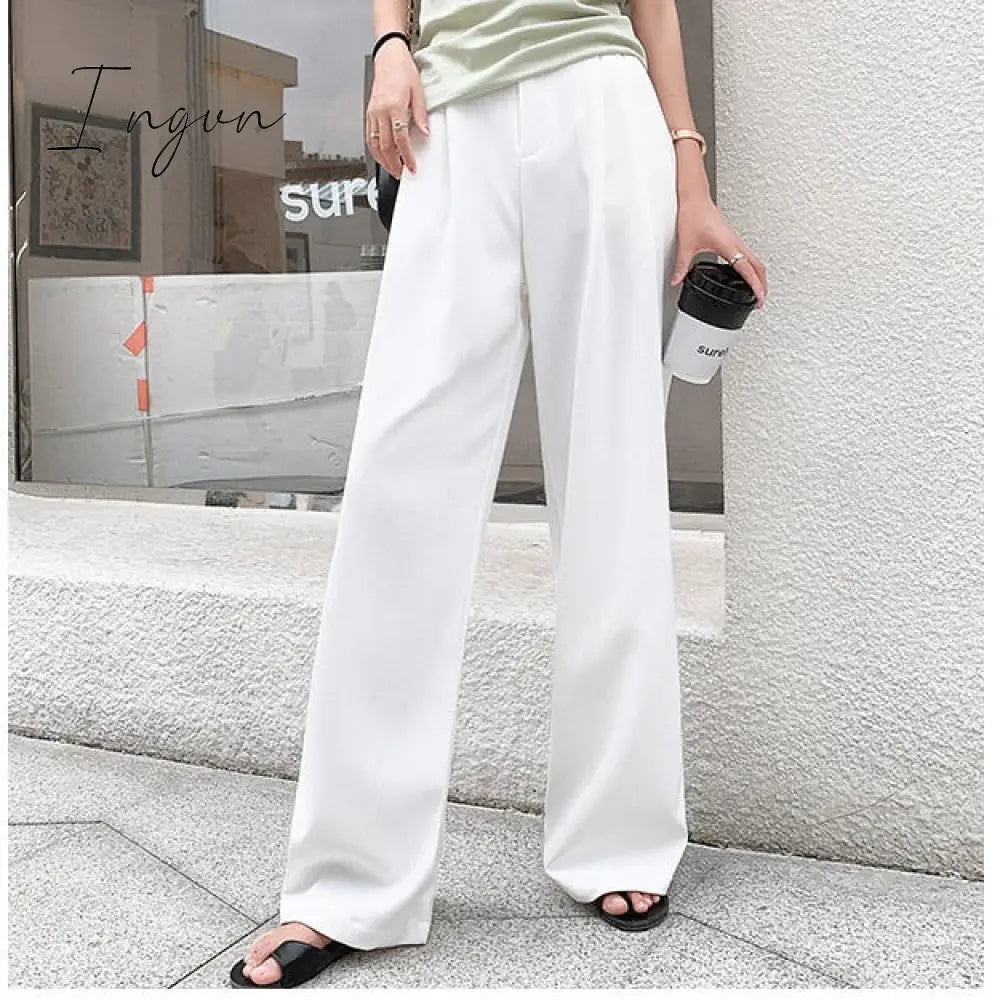 Ingvn - Retro Solid Color Wild Straight Wide Leg Pants Female Spring New Korean Fashion High Waist Casual Long Pants