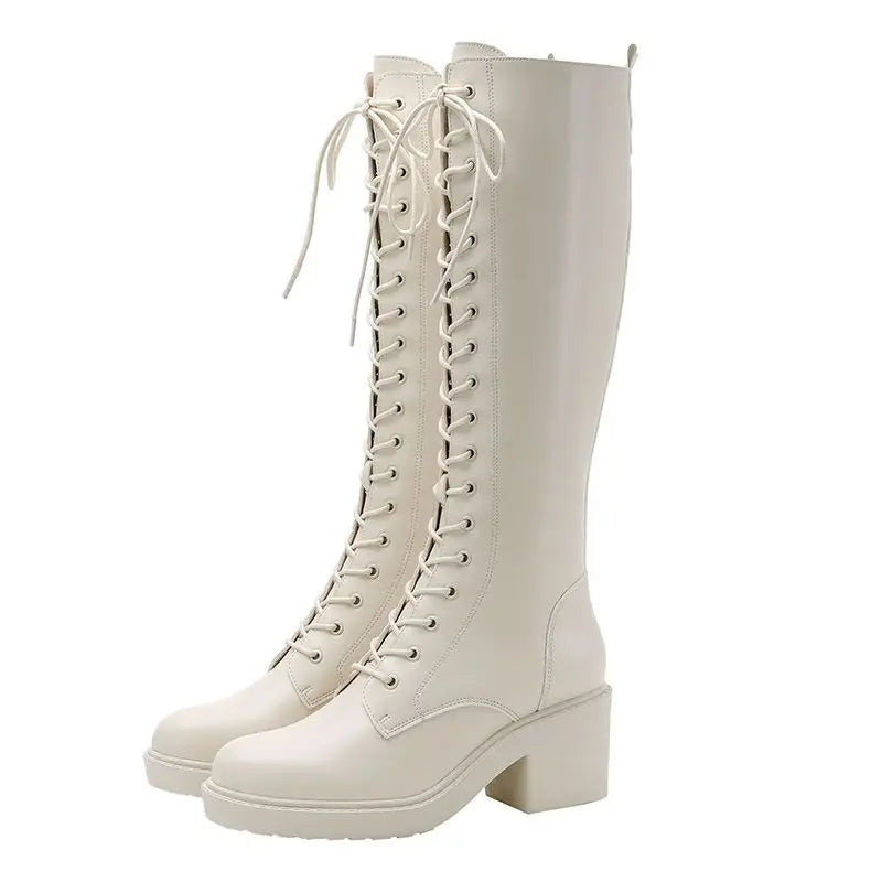 Ingvn  Footwear Long Ladies Boots Elegant Heeled High Heels Shoes for Women Lace-up Winter Knee Shaft with Laces White Spring Autumn Pu