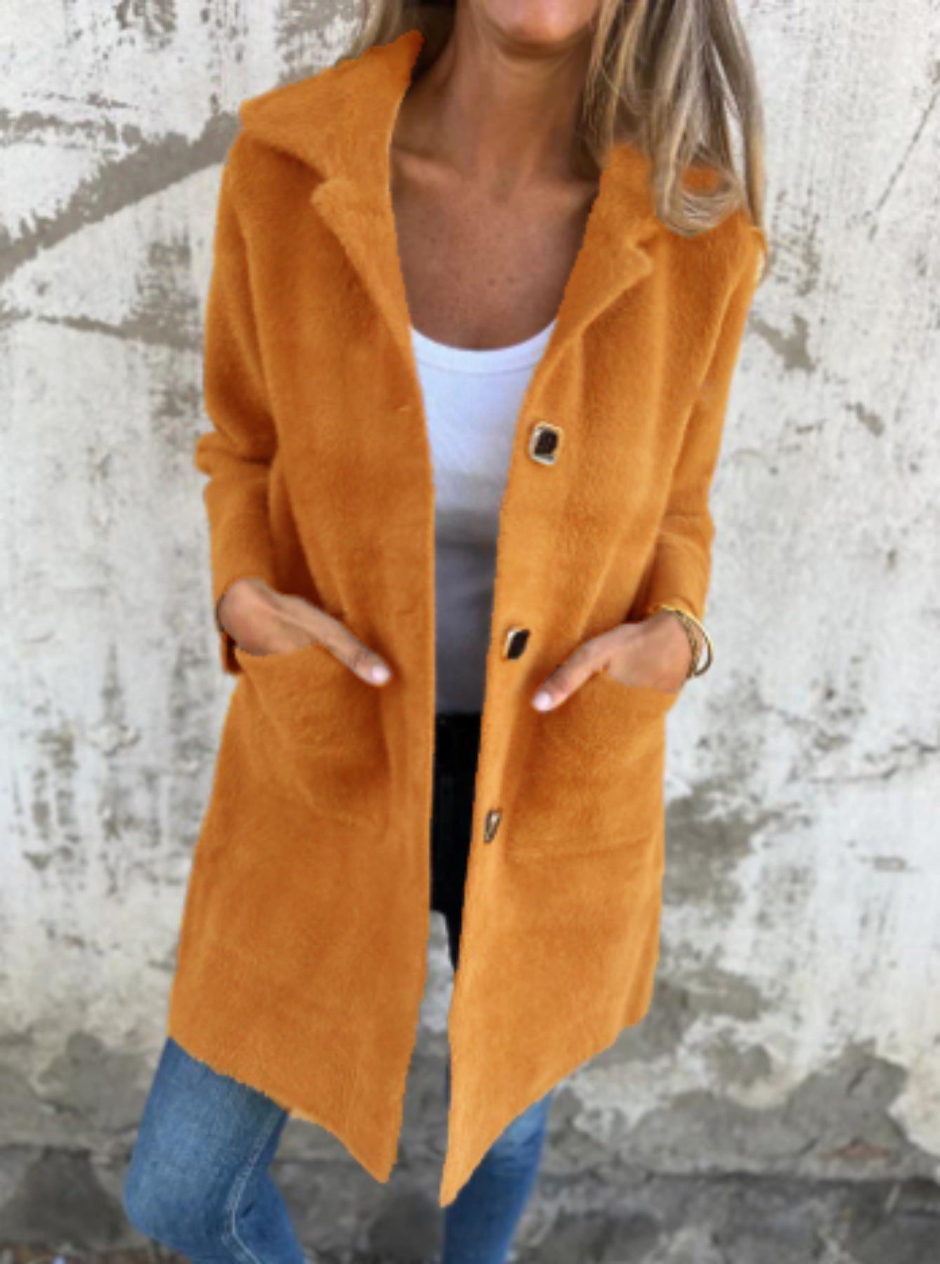 Autumn and winter single-breasted solid color lapel pocket double-sided cashmere mid-length coat for women