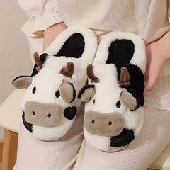 Cozy Cartoon Cow Slippers - Plush Lined, Comfortable, Casual Slip-On Shoes for Indoor Home Use - Soft, Warm, and Fun Design for Relaxation