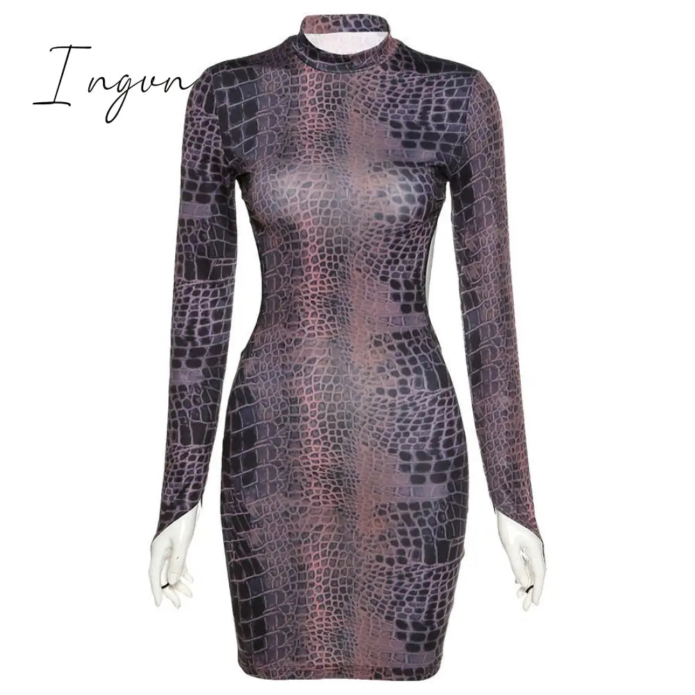 Ingvn - Sexy Backless Serpentine Print Mini Bodycon Dress Women Fall Chic Package Hip Streetwear Female Casual Party Club Clothes
