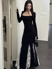 Elegant Black Pleated Mermaid Dress for Women Autumn Long Sleeves Lace Patchwork Slim Party Fairy Long Dresses Female Clothing