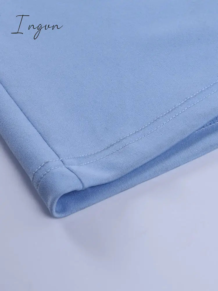 Ingvn - Elegant Women Dress Stand Collar Slim Waist Solid Blue Ankle Length Autumn Long Sleeve Casual Party Dress Fashion