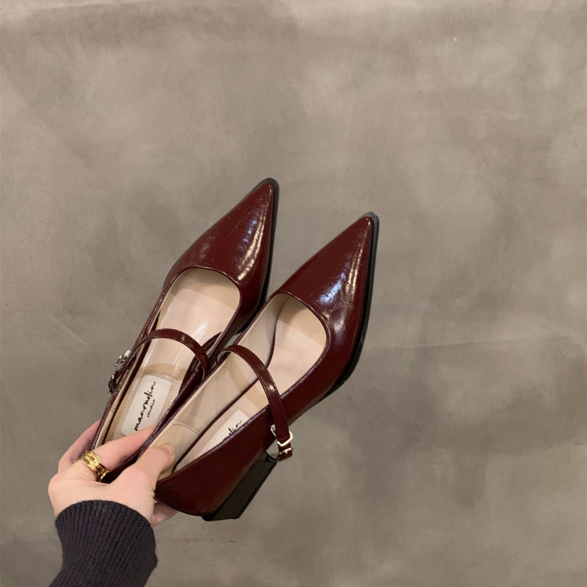 Pointed Elegant Red Mary Jane Single-layer Shoes Women's Shoes New Spring Autumn and Winter Mid-high Heel French Evening Shoes