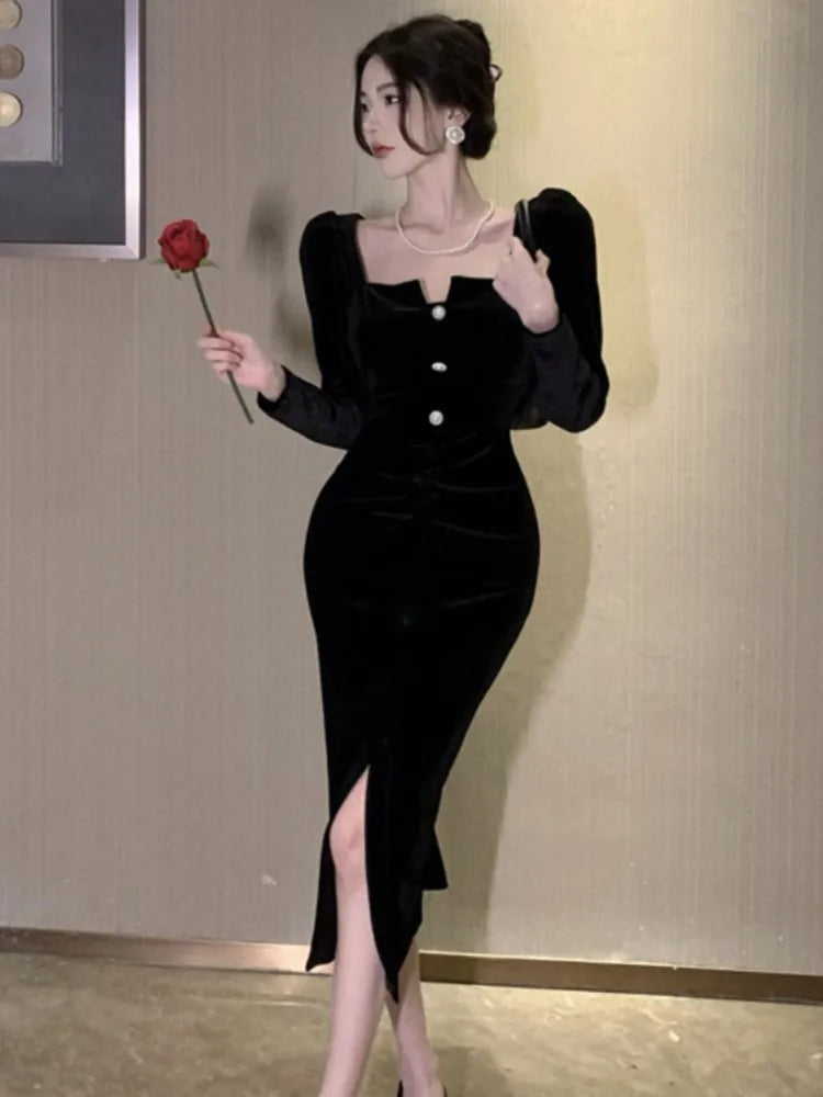 Sexy Vintage Velvet Black Dress for Women Autumn Long Sleeve Bodycon Evening Party Dresses Female Fashion Chic Prom Vestidos