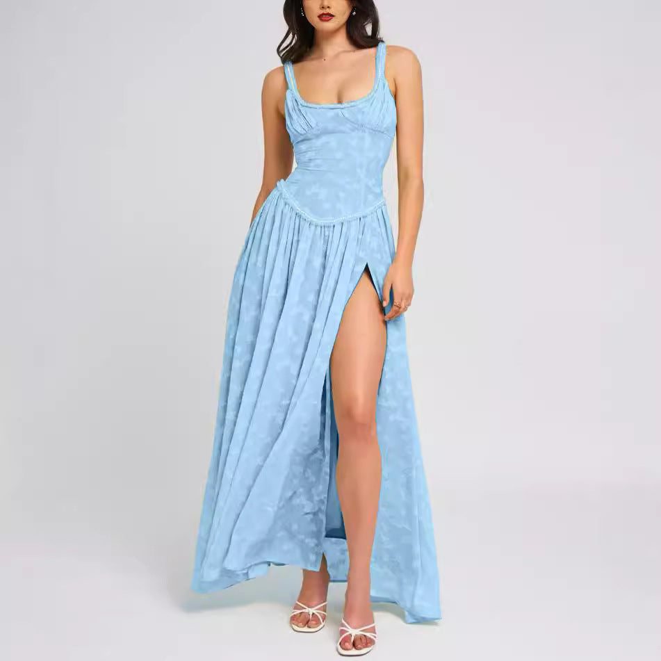 sexy women's new sexy suspenders U-collar backless perspective chiffon dress