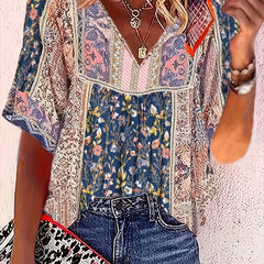 Vibrant Spring/Summer Women's Pleated V-Neck T-Shirt - Casual Short Sleeve, All-Over Print Top for Everyday Elegance