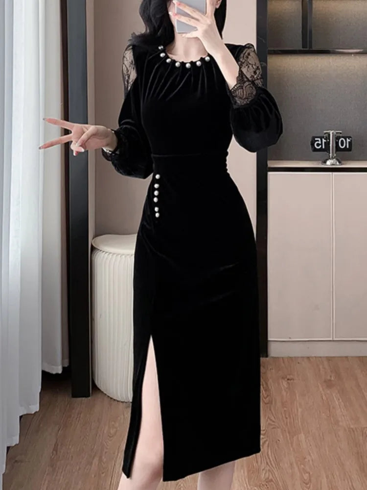 Autumn Elegant Solid Velvet Dress for Women Embroidered Flares O-Neck Long Sleeve Evening Party Dresses Female Vestidos Mujer