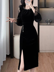 Autumn Elegant Solid Velvet Dress for Women Embroidered Flares O-Neck Long Sleeve Evening Party Dresses Female Vestidos Mujer