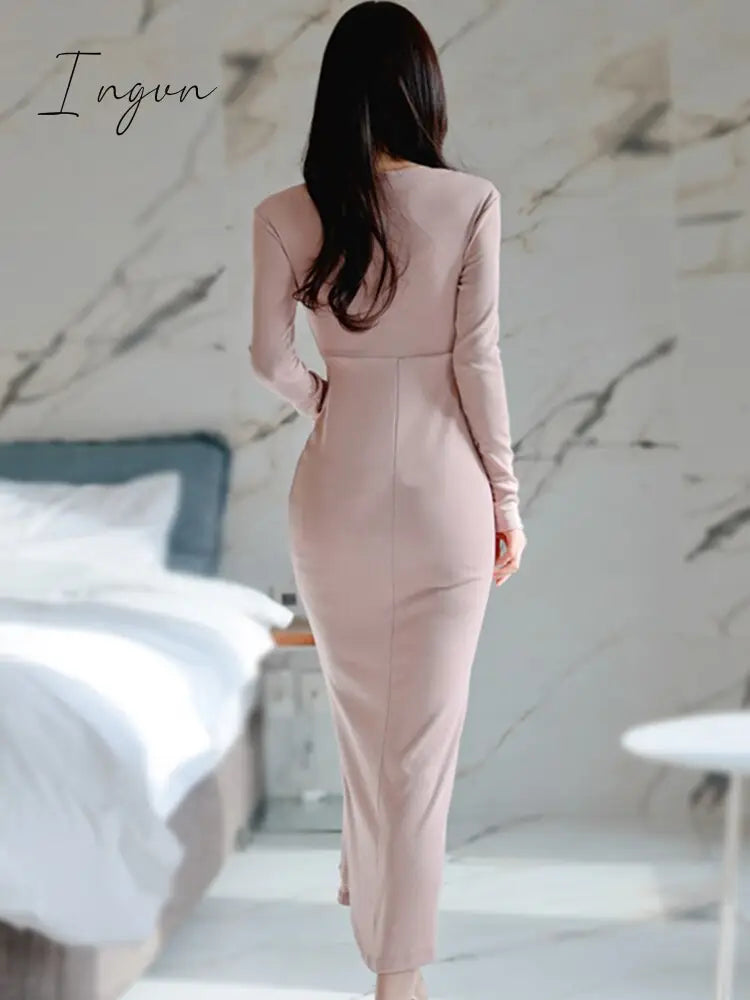 Ingvn - Summer Spring New Elegant Long Sleeve Slim Midi Dress Women Sexy Office Lady Fashion Bodycon Clothing