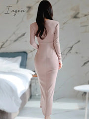 Ingvn - Summer Spring New Elegant Long Sleeve Slim Midi Dress Women Sexy Office Lady Fashion Bodycon Clothing