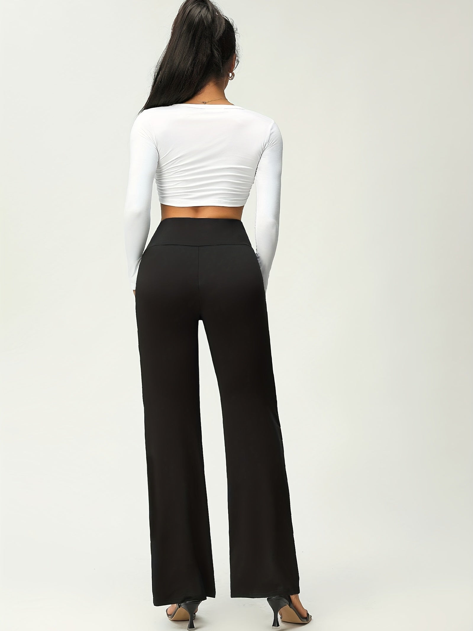 Women's Solid Flare Leg Pants, High Waist Stretchy Pants, Casual Every Day Pants, Women's Clothing