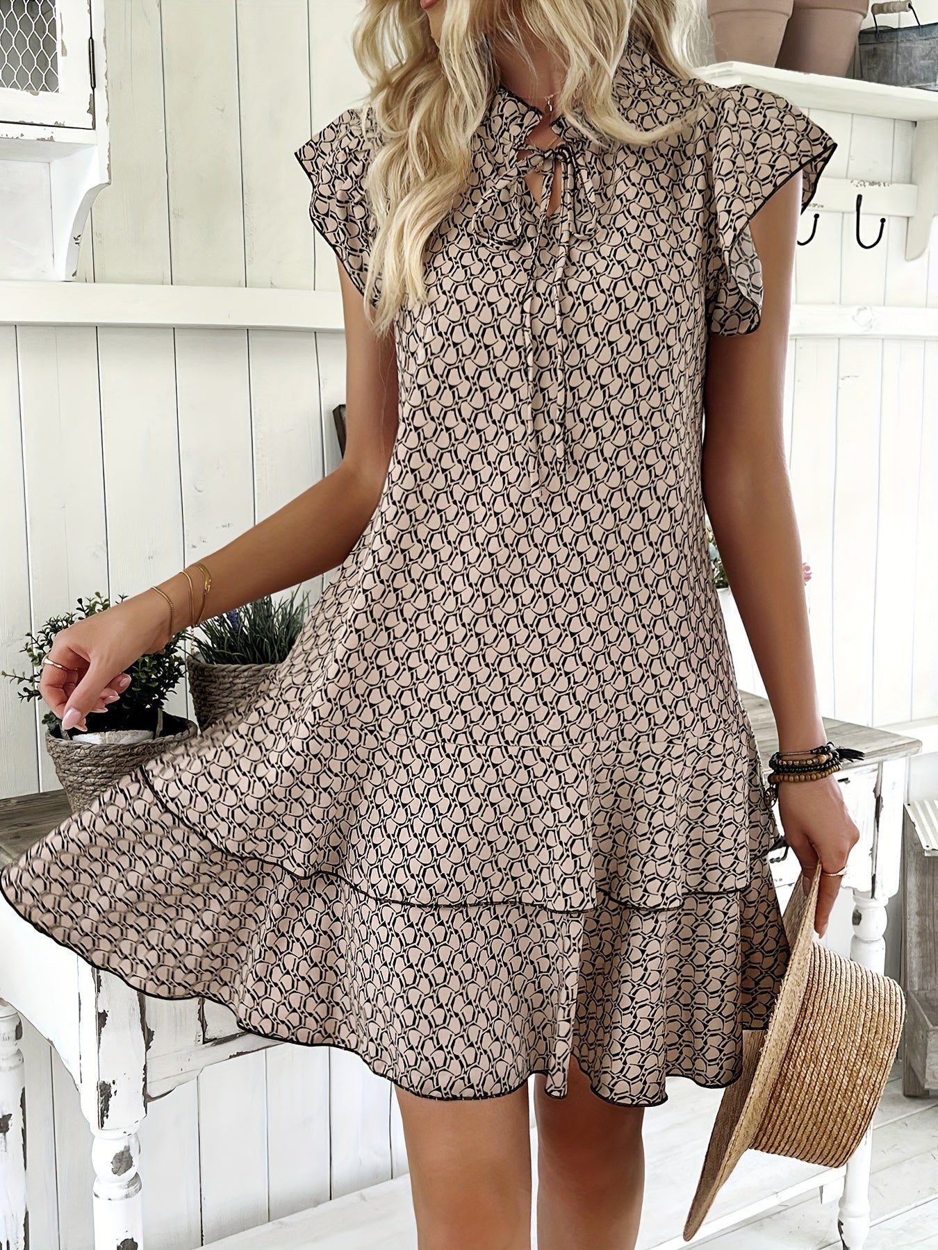 Elegant Ruffled Tie Neck Dress - Women's Spring & Summer Layered Dresses with Allover Print - Perfect for Elegant Dressing Occasions