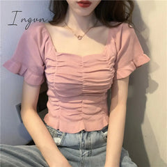 Ingvn - Knitted Fashion Blouse Woman Ruffle Youth Elegant Blouse Summer Crop top Sexy Slim fit Shirt Short sleeve