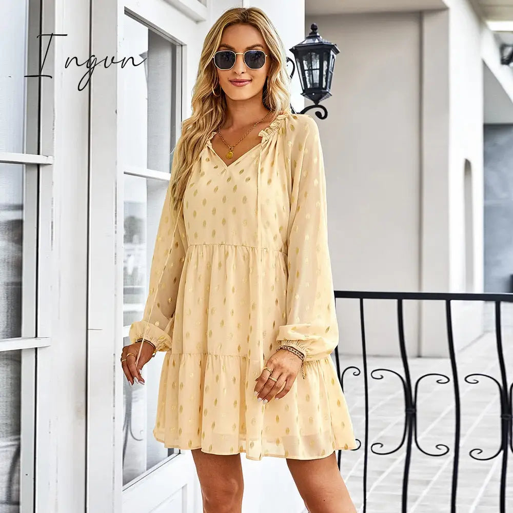 Ingvn - Ladies Vintage Dot Print Short Spring Autumn Boho Chiffon Dress Women Casual Party Dress Women Sundress Female Robe Vestidos