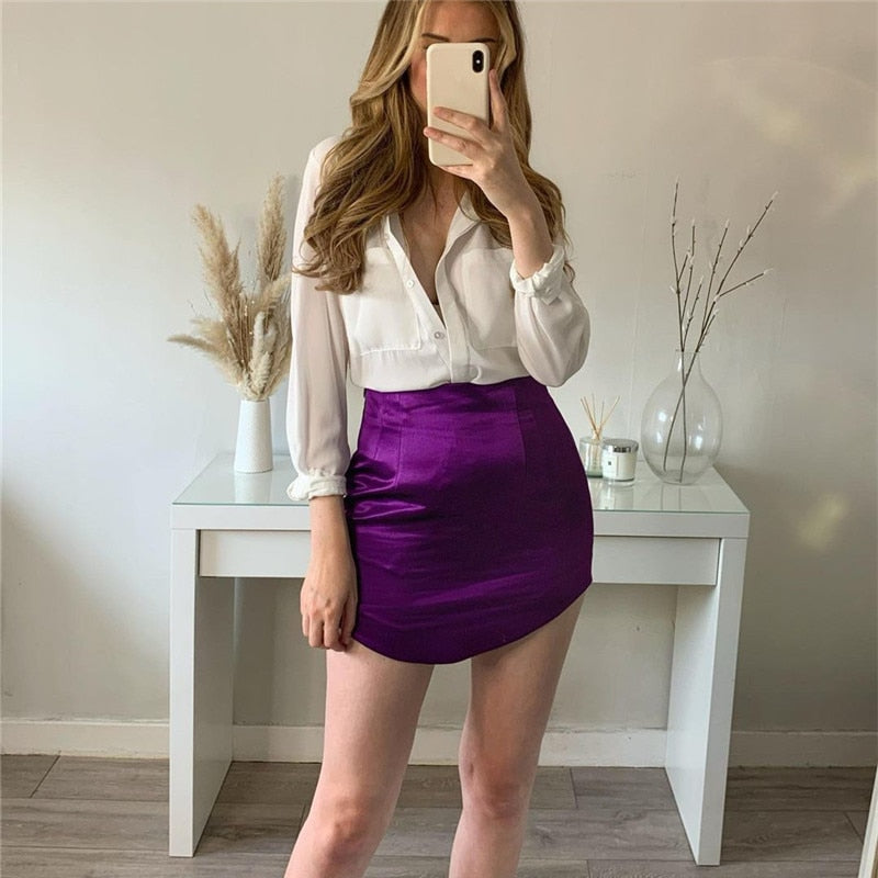 Women Skirts  Summer Fashion Silk Satin High-Waisted Skirt Woman Sexy Party Bag Hip Side zipper Mini Skirt Female