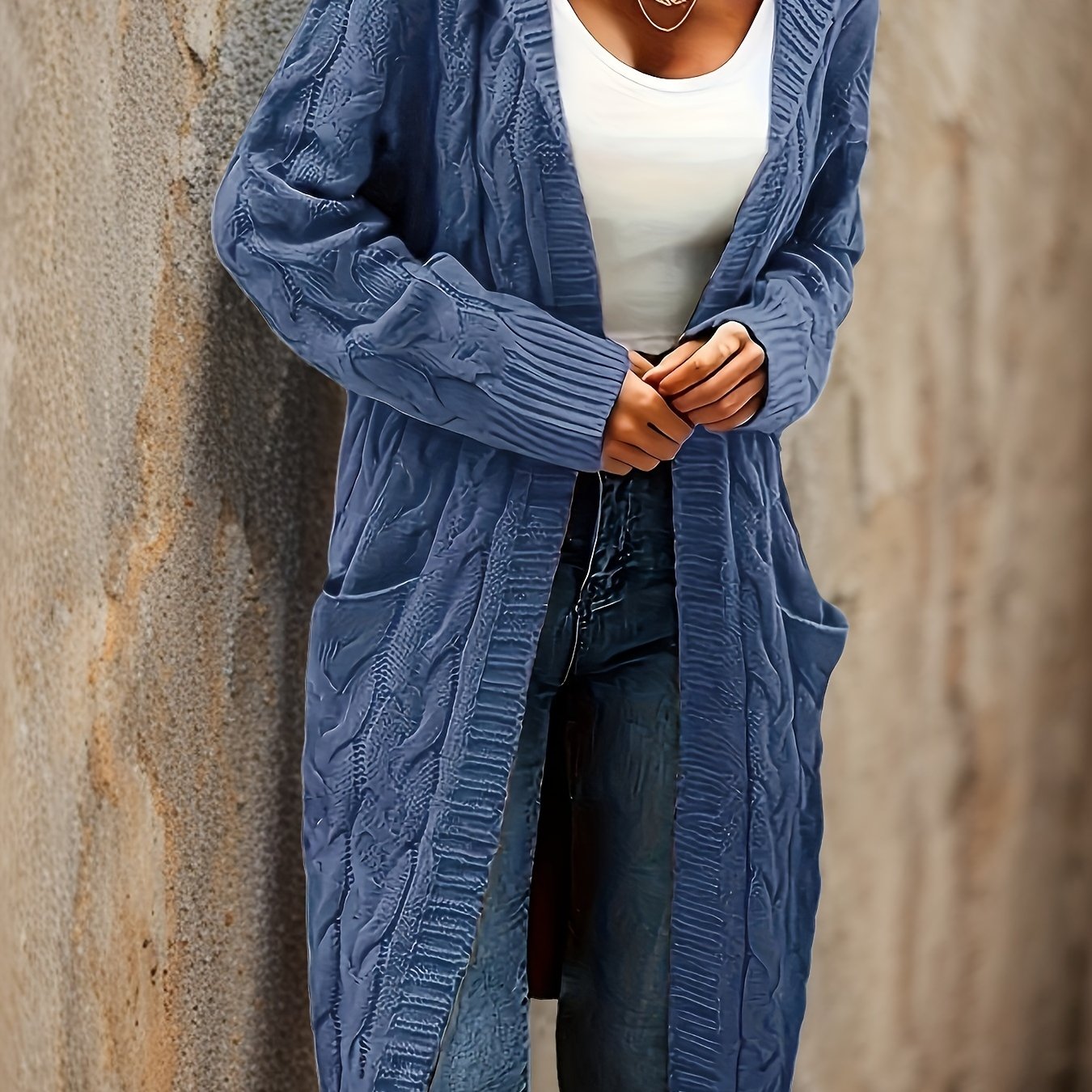 Cozy Micro-Elastic Plus Size Women's Long Sleeve Open Front Hooded Cardigan with Pockets for Casual Daily Wear - Solid Cable