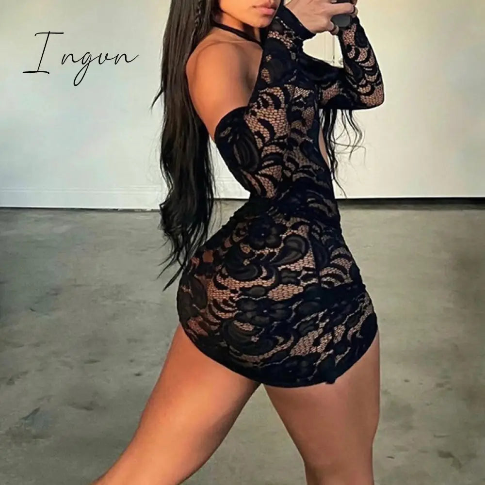 Ingvn - Tassel Stitching Sexy Dress For Women Evening Clubbing Party Square Collar Halter Hollow Out Backless Lace Mini Dress