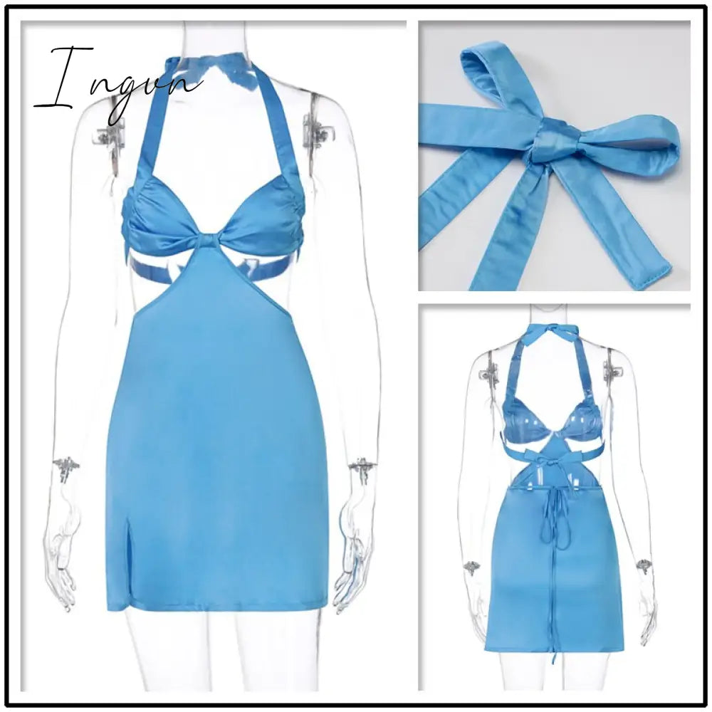 Ingvn - Halter Hollow Out Dress Women Bandage Slim Strapless Bodycon Dress Sexy Mini Backless Summer Party Dresses