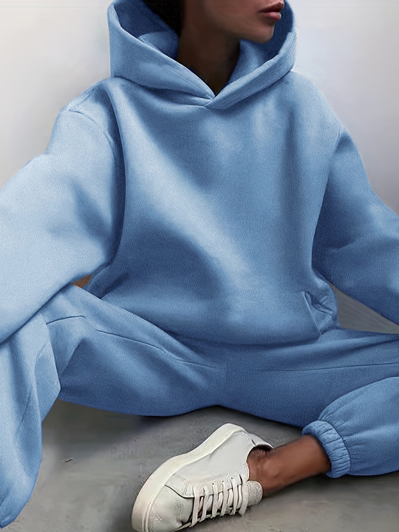Casual Solid Two-piece Set, Drop Shoulder Long Sleeve Hoodies & Elastic Waist Jogger Pants Outfits, Women's Clothing