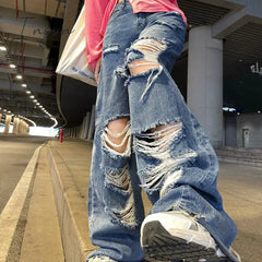 Ingvn - Spring And Autumn women's ripped jeans high waist loose straight pants wide leg pants women's jeans Y2K high street jeans