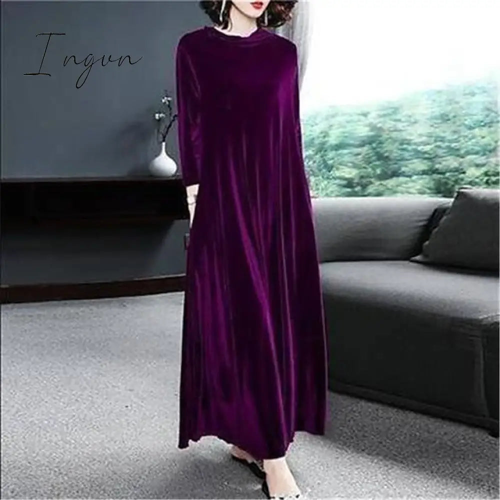 Ingvn - Women‘s Velvet Dress Shift Dress Caftan Dress Long Dress Maxi Dress Green Black Purple Long Sleeve Pure Color Pocket Winter Fall Spring Crew Neck Mature Winter Dress Daily Vacation 2023