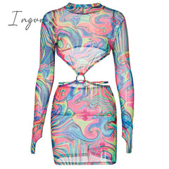 Ingvn - Women Autumn Winter Long Sleeve Hollow Out Printed Mesh Backless Bodycon Mini Dress Female Clothing Streetwear