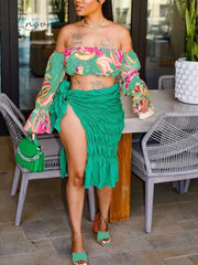 Ingvn - Summer Beach Style Two Piece Set Women Fashion Sexy Printed Off The Shoulder Tube Top Fold Lace-up Slit Skirt 2 Piece Suit Women