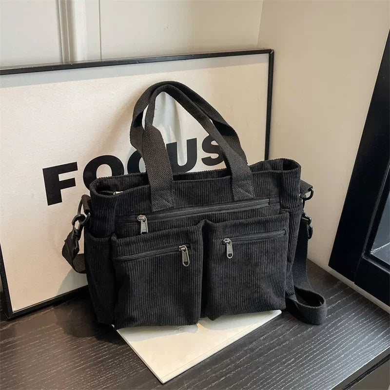 Ingvn  Casual Corduroy Messenger Bags Large Capacity Commuter Mummy Portable Shoulder Bag Multi Layers Camping Tote Bags