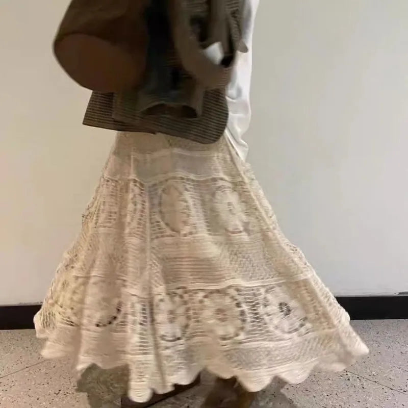 Korean Fashion Skirts Gentle Heavy Industry Vintage French Hollow Out Hook Flower Design Knit Skirt Vintage A-line Skirt
