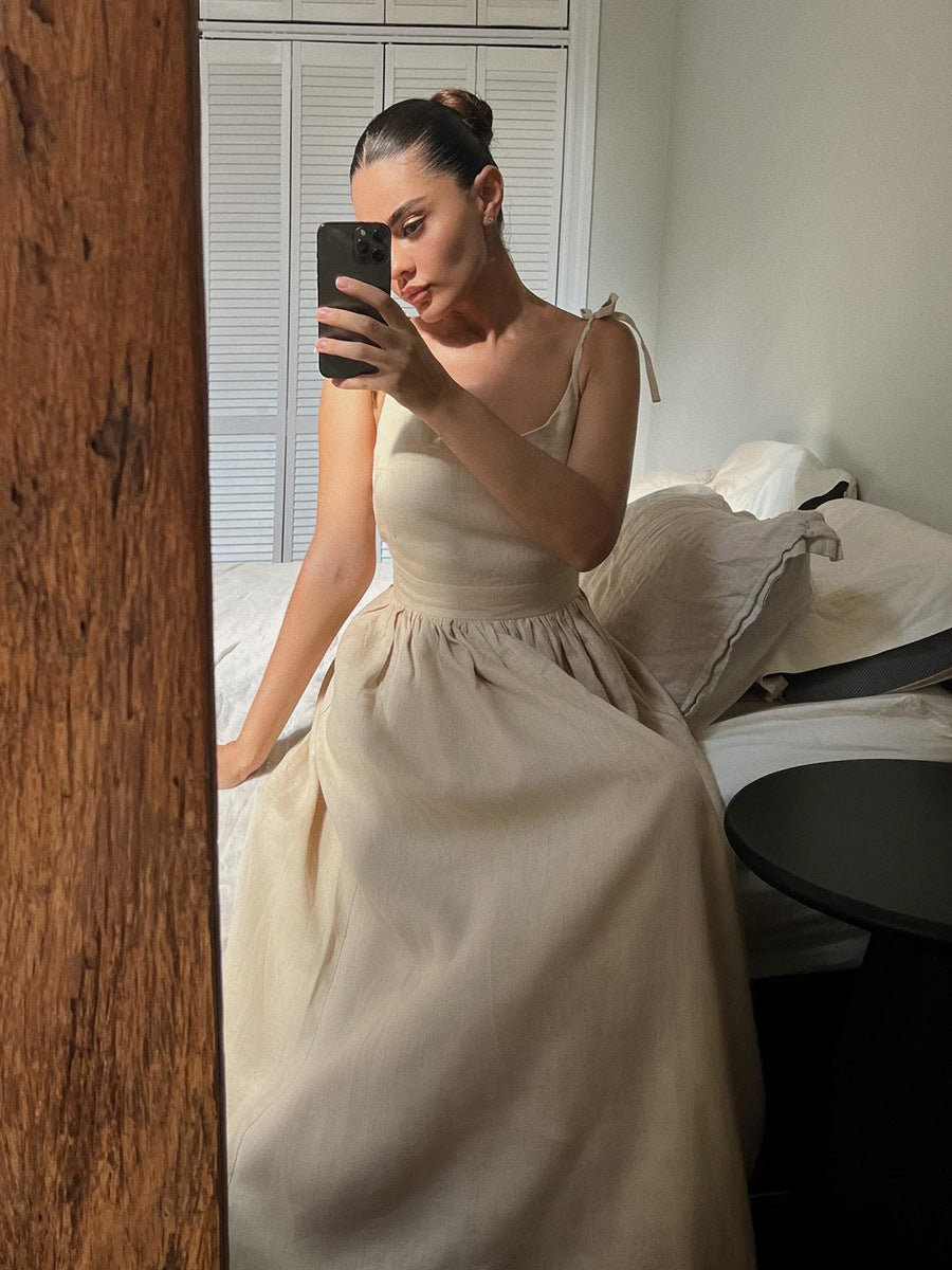 French Holiday Style Sexy Pure Desire Cotton and Linen Strap Backless Strap dress  Women's Clothing