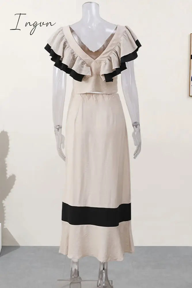 Elegant Solid Patchwork Flounce Fold V Neck Sleeveless Two Pieces