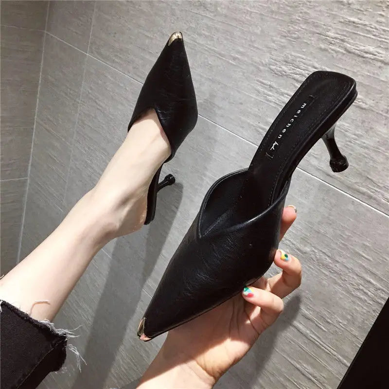 Ingvn  Summer  Black Slides Mules Women's Slippers and Ladies Sandals High Up To 5cm Heel Shoes Job Leather on Promotion Footwear F