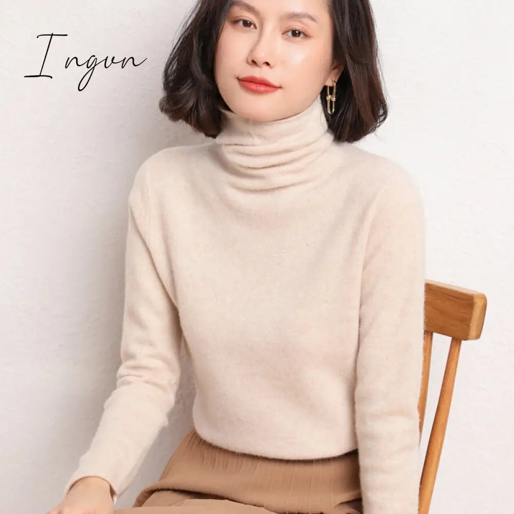 Ingvn - 100% Pure Wool Cashmere Sweater Fall/Winter Pile Collar Pullover Korean Fashion Casual Knitted Tops Women Jacket Long Sleeve