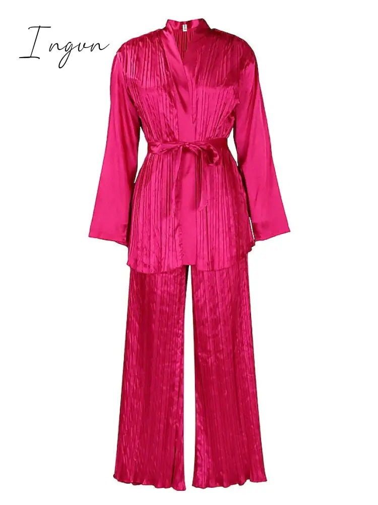 Ingvn - Women's Shirt Pants Sets White Red Fuchsia Solid Color Long Sleeve Casual Daily Fashion V Neck Regular Fit Spring &  Fall