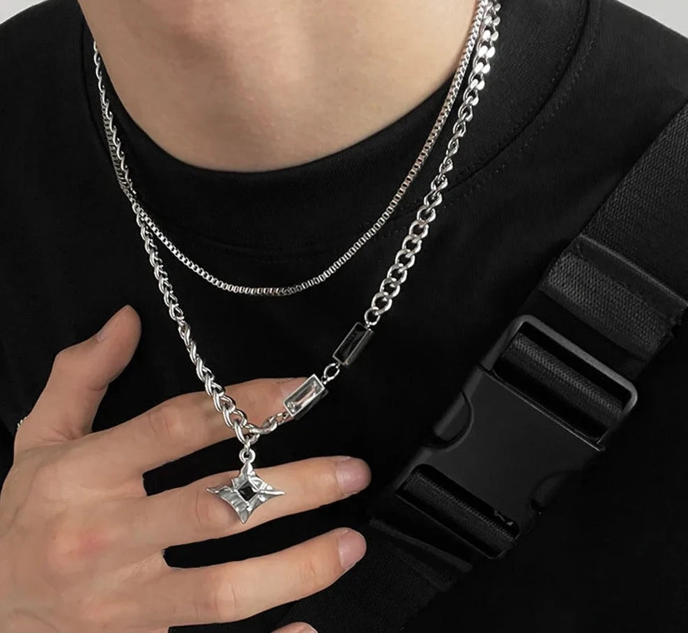 INGVN  Hip Hop Zircon Star Double Layer Necklace For Men Women Trend Charm Titanium Steel Pendant Chain Unisex Jewelry