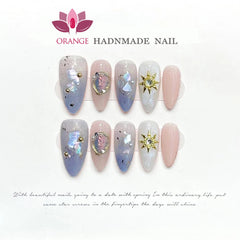 Handmade New Press On Nails Blue Baroque Premium Temperament Reusable Fake Nails Artificial Manicuree Wearable Orange Nail Store