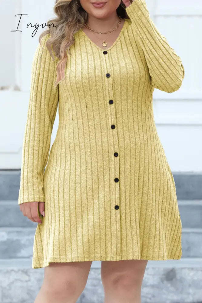 Ingvn - Casual Solid Patchwork V Neck Long Sleeve Plus Size Dresses (Without Belt)