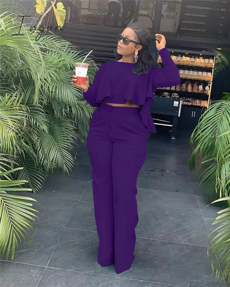 Ingvn - 2023 Elegant Work Wear Two Piece Set Fall Clothes for Women Ruffles Crop Top and Wide Leg Pants Suits Matching Sets Sexy Club Outfits