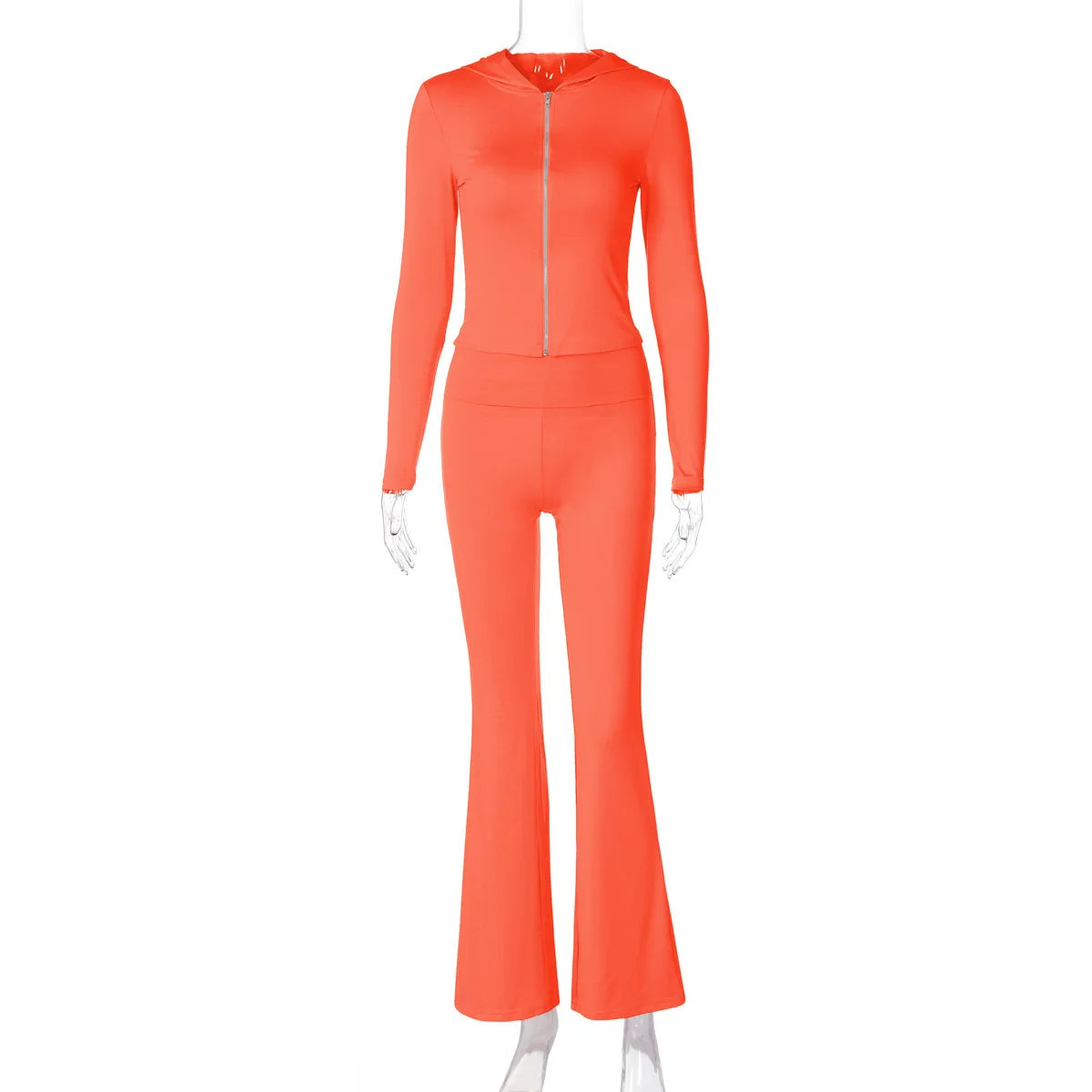 Hooded Top And Trousers Two Piece Sets Women Fashion Zipper Long Sleeve Tops And Flare Pant Female Casual Suit New