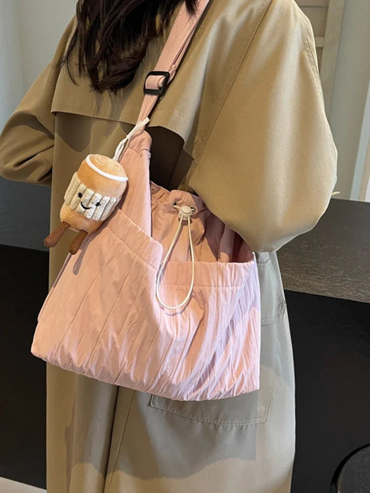 Ingvn  Simple Pleated Women's Shoulder Bag Soft Nylon Ladies Crossbody Bags Vintage Large Capacity Female Tote Drawstring Handbags
