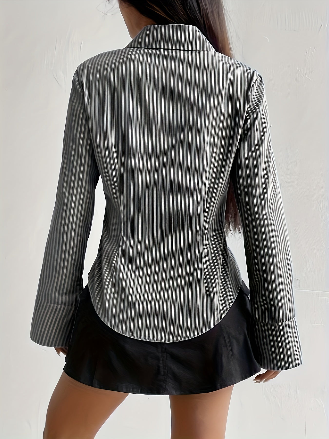 [Long Sleeve Shirt for Women] Elegant Striped Long Sleeve Shirt for Women - Slim Fit, Polyester, Machine Washable - Perfect for Spring/Fall