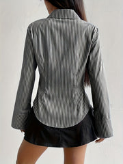 [Long Sleeve Shirt for Women] Elegant Striped Long Sleeve Shirt for Women - Slim Fit, Polyester, Machine Washable - Perfect for Spring/Fall