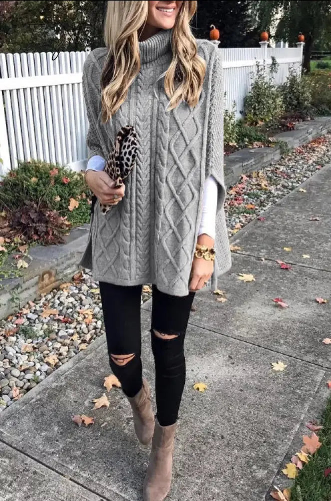 Ingvn -  High Neck Loose Cable Knit Pattern Stitching Sweater(7 Colors)