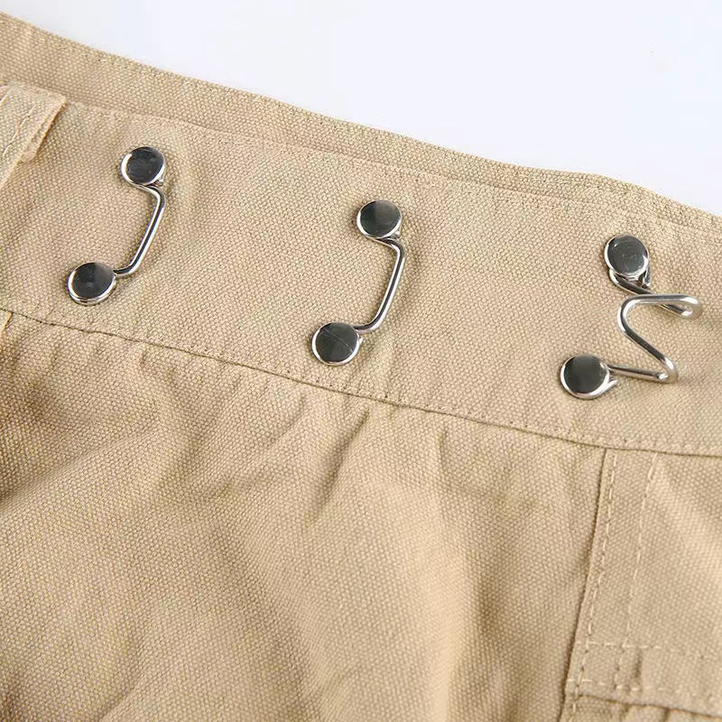 Khaki Oversized Cargo Baggy Pants Y2K Hip Hop Style Loosed  Adjustable Waist Drawstring Long Pant Streetwear 90s Style Clothes