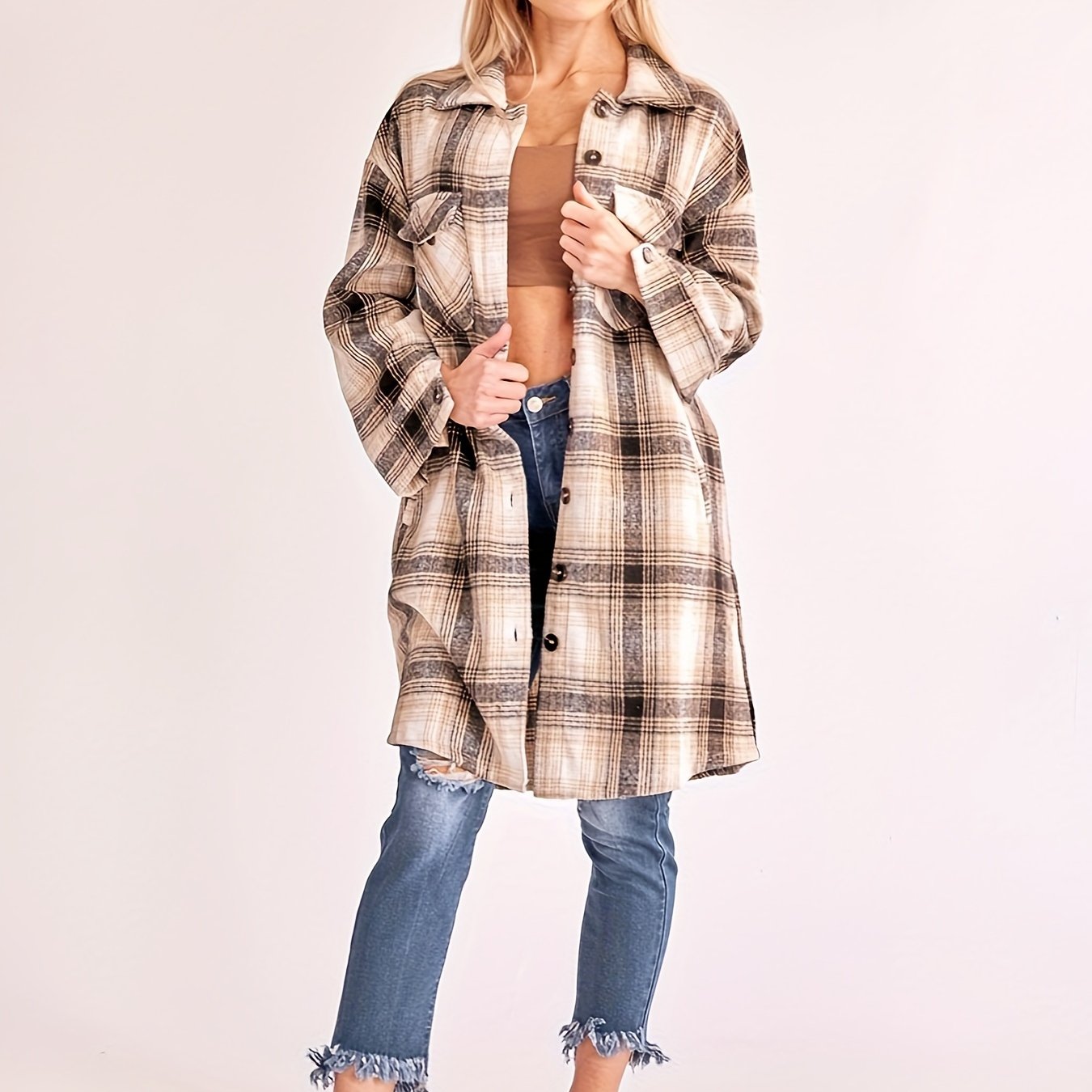 Stylish Long Plaid Cardigan Shirt Jacket Coat for Women - Retro Chic Outerwear for Cold Weather - Soft, Warm, and Cozy