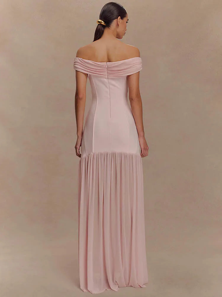 Off-shoulder Backless Sexy Maxi Dress Women Metal Flower Pink Patchwork Sleeveless Ruched Pleated Club Party Dress 2025