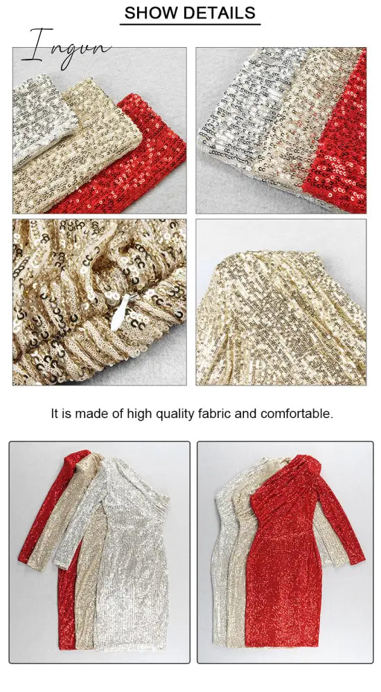 Ingvn - Sexy One Shoulder Dress Sparkle Glitzy Sequins Dress Mesh Patchwork Celebrity Christmas Party Vestidos