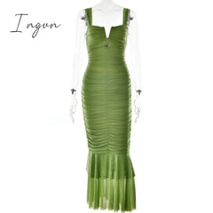 Ingvn - Hollow Out Backless Ruched Maxi Dress For Women Robe Elegant Spaghetti Strap Sleeveless Bodycon Party Long Dress